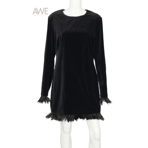 TOM FORD Black Cotton Velvet Feather Trim Accent Long Sleeve Mini Dress 46 US 10 - Picture 1 of 2